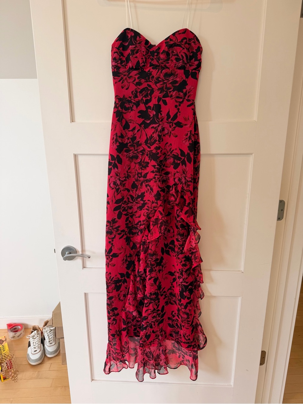 Amanda Uprichard Red Strapless Floral Maxi Dress with Black Print